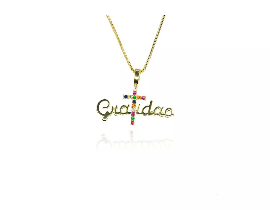 Colar Pingente Gratidão Cruz Colorida Folheado a Ouro 18k