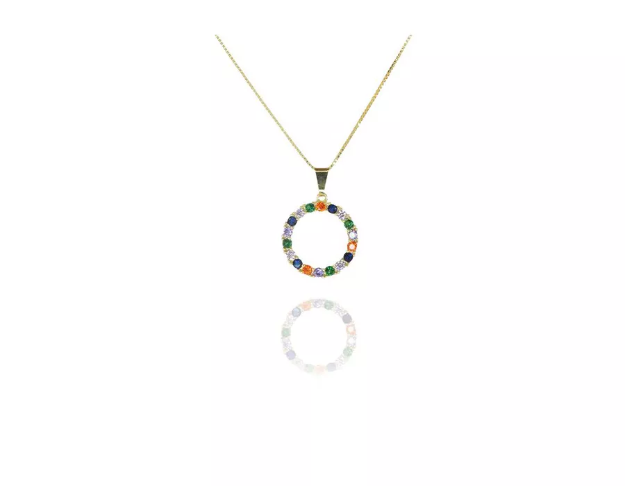 Colar Pingente Circulo de Zircônia Colorida Folheado a Ouro 18k