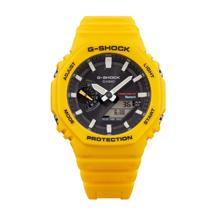 G-Shock GA-2100 Amarelo com Fundo Preto Carbon Core Guard Mini 42mm