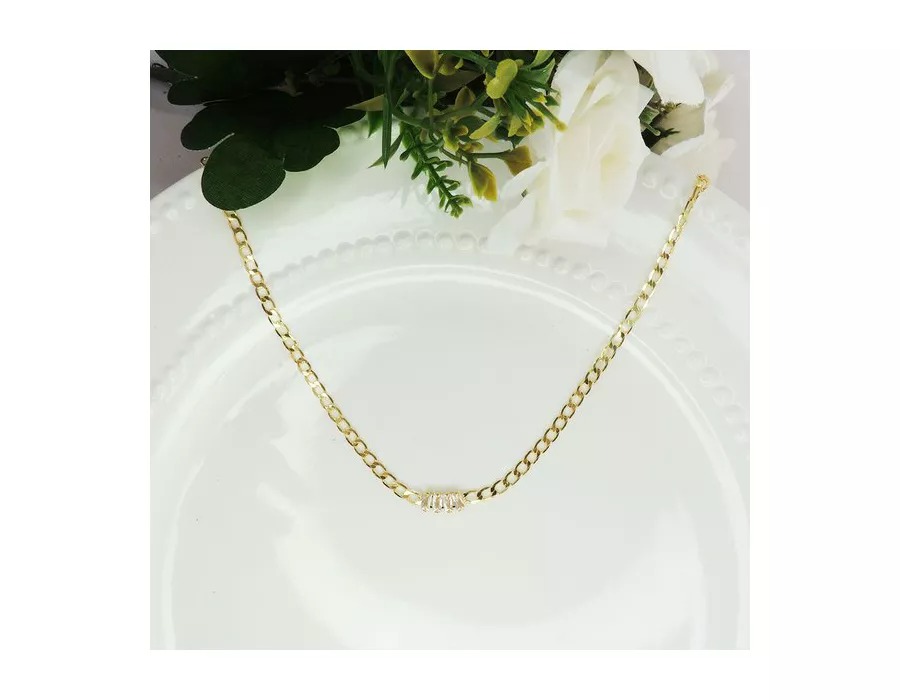 Choker de Corrente Chapada Com Zircônias ao Centro Banhado em Ouro 18k