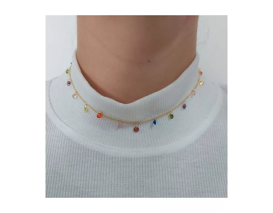 Choker Com Zircônias Coloridas Banhado em Ouro 18k