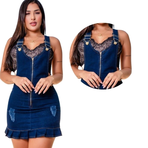 Jardineira Saia Jeans Com Babado