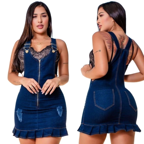 Jardineira Saia Jeans Com Babado