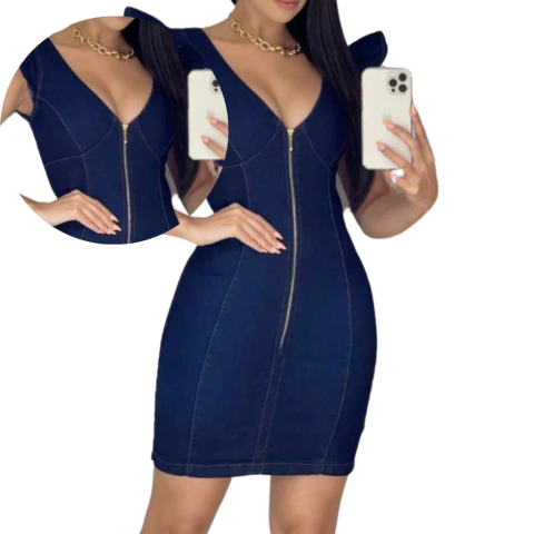 Vestido Jeans Feminino Tendencia Decote Moda