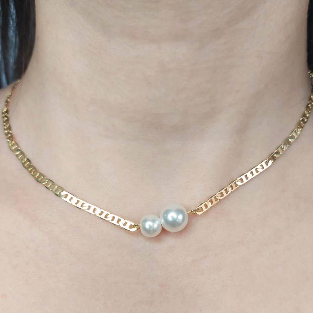 Choker Corrente com Duas Pérolas Grandes Banhado em Ouro 18k