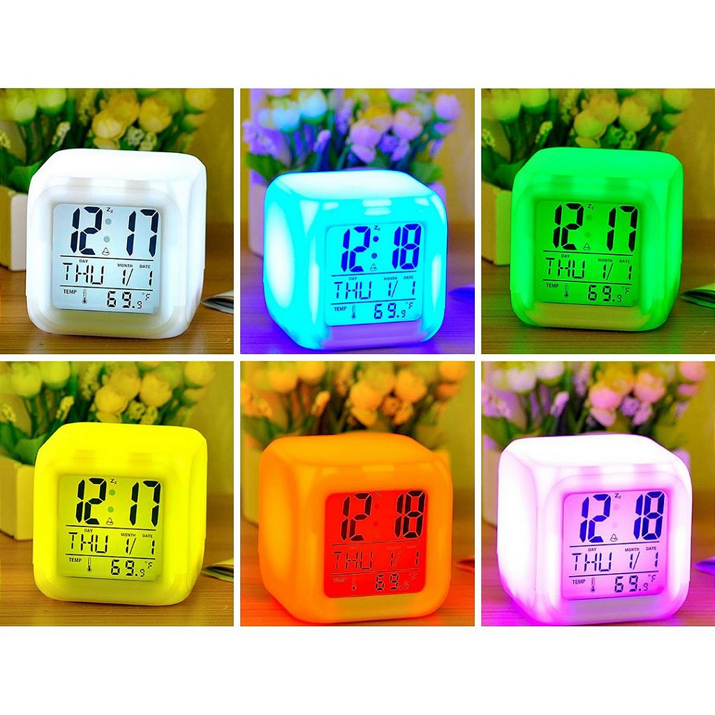 Relógio Cubo Digital Led Colorido Alarme Despertador