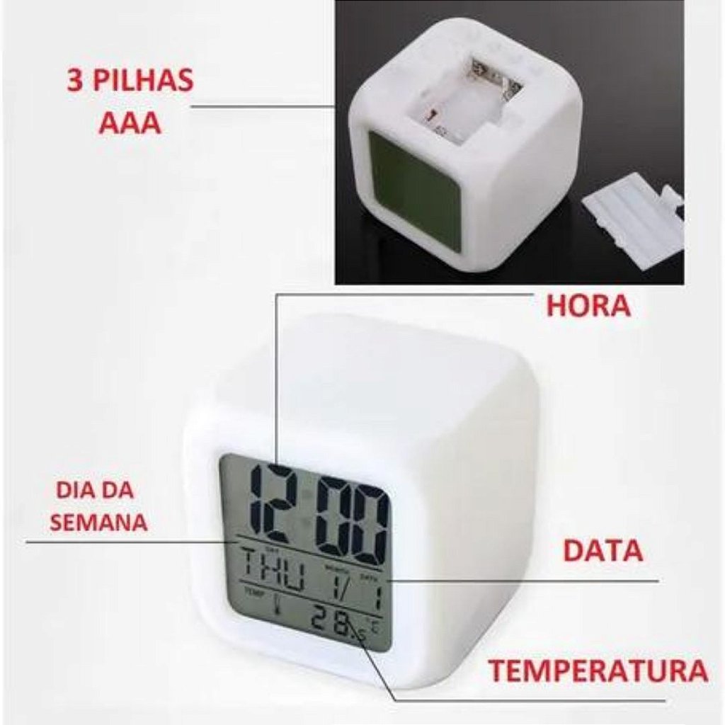 Relógio Cubo Digital Led Colorido Alarme Despertador