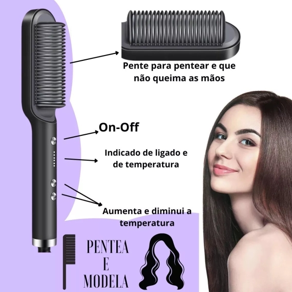 Escova Profissional Pente Alisadora 3 Em 1 Seca Modela Cabelo
