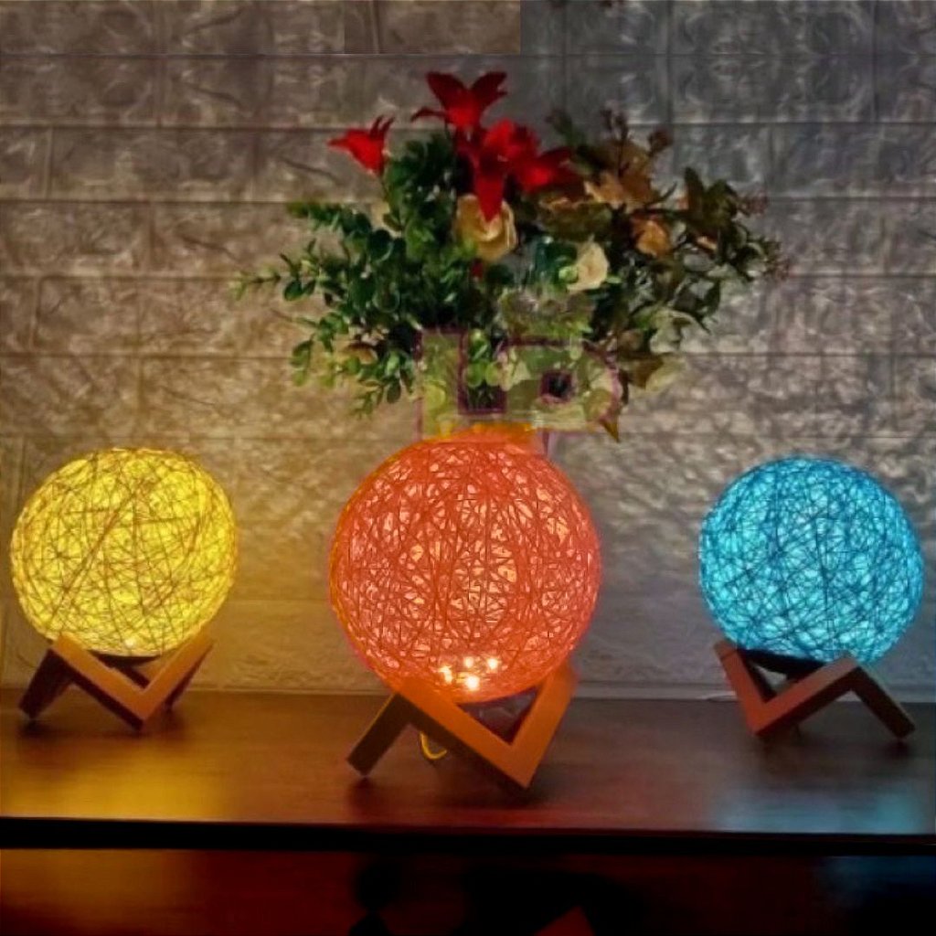 Luminária Bola De Barbante Abajur USB Luz Led Colorido Decoração Casa