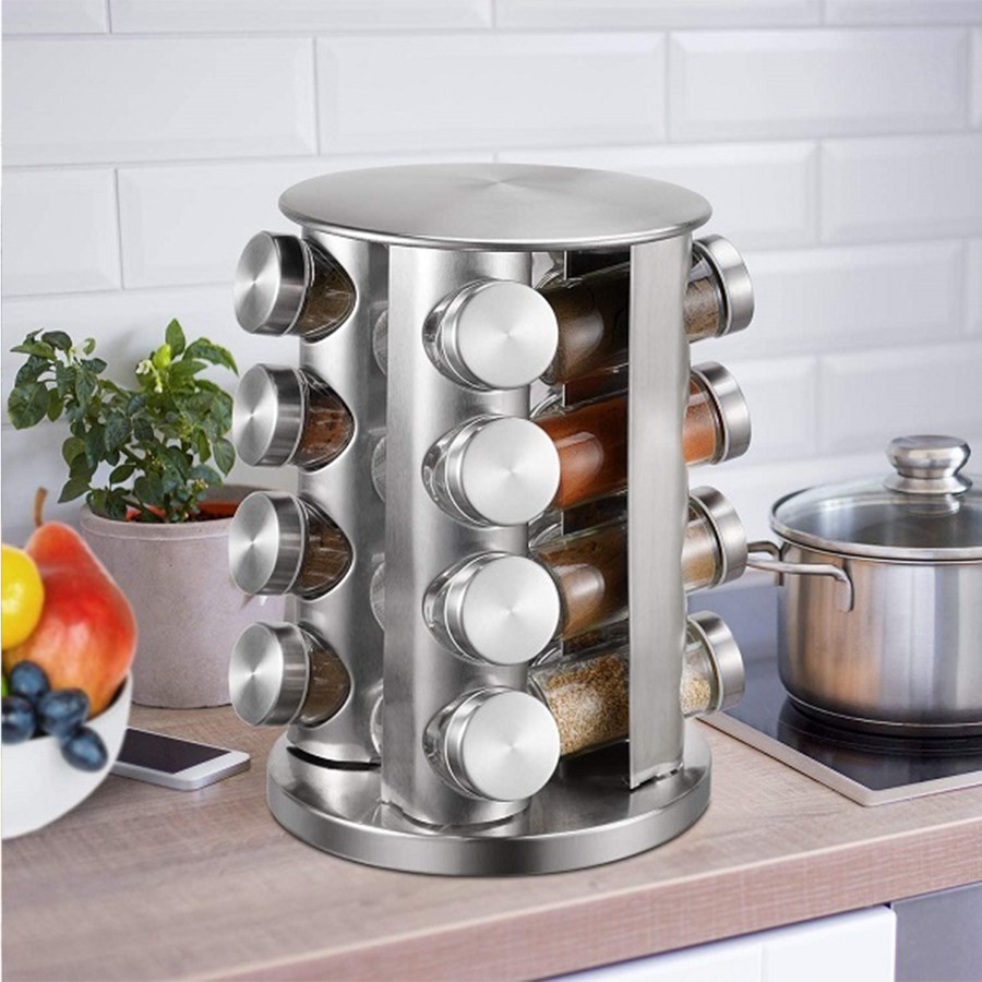 Porta Temperos Inox Giratório Com 16 Potes Torre De Condimentos