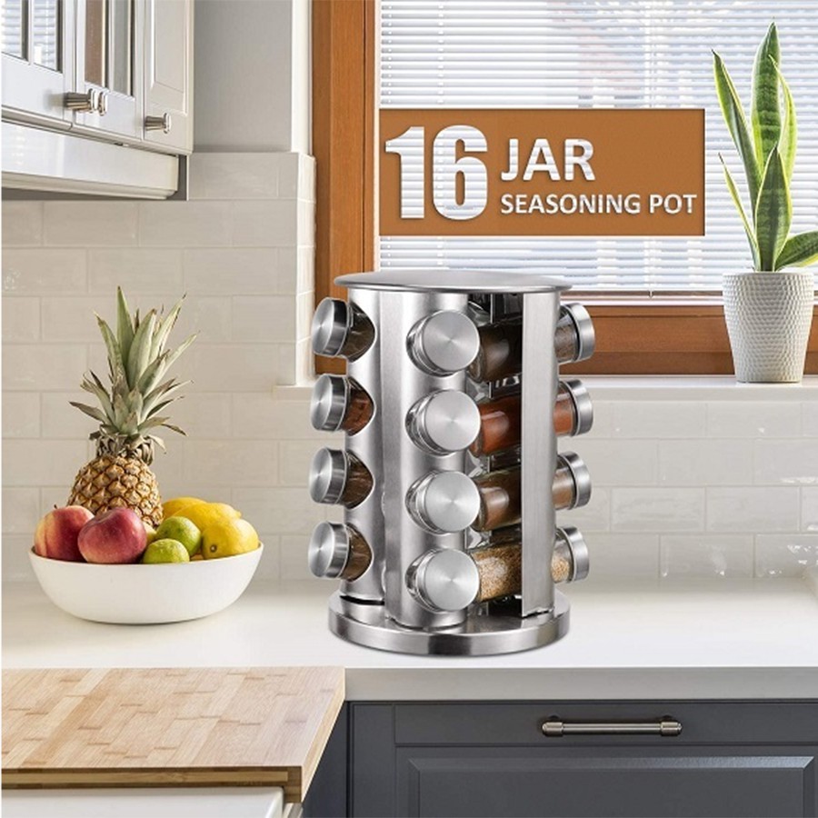 Porta Temperos Inox Giratório Com 16 Potes Torre De Condimentos