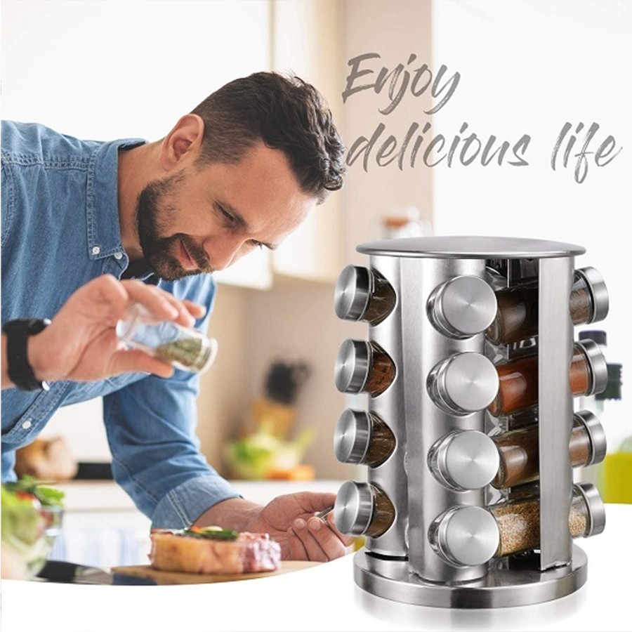 Porta Temperos Inox Giratório Com 16 Potes Torre De Condimentos
