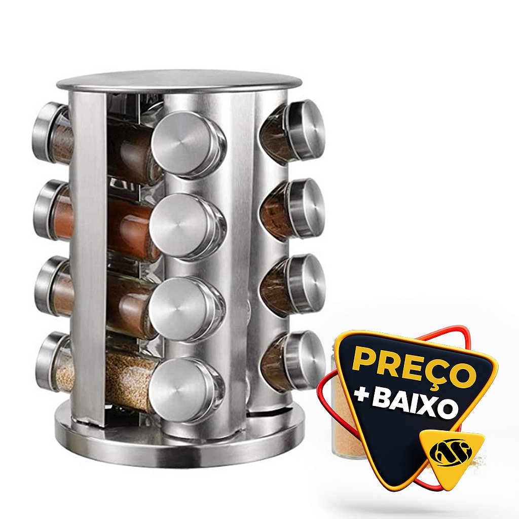 Porta Temperos Inox Giratório Com 16 Potes Torre De Condimentos