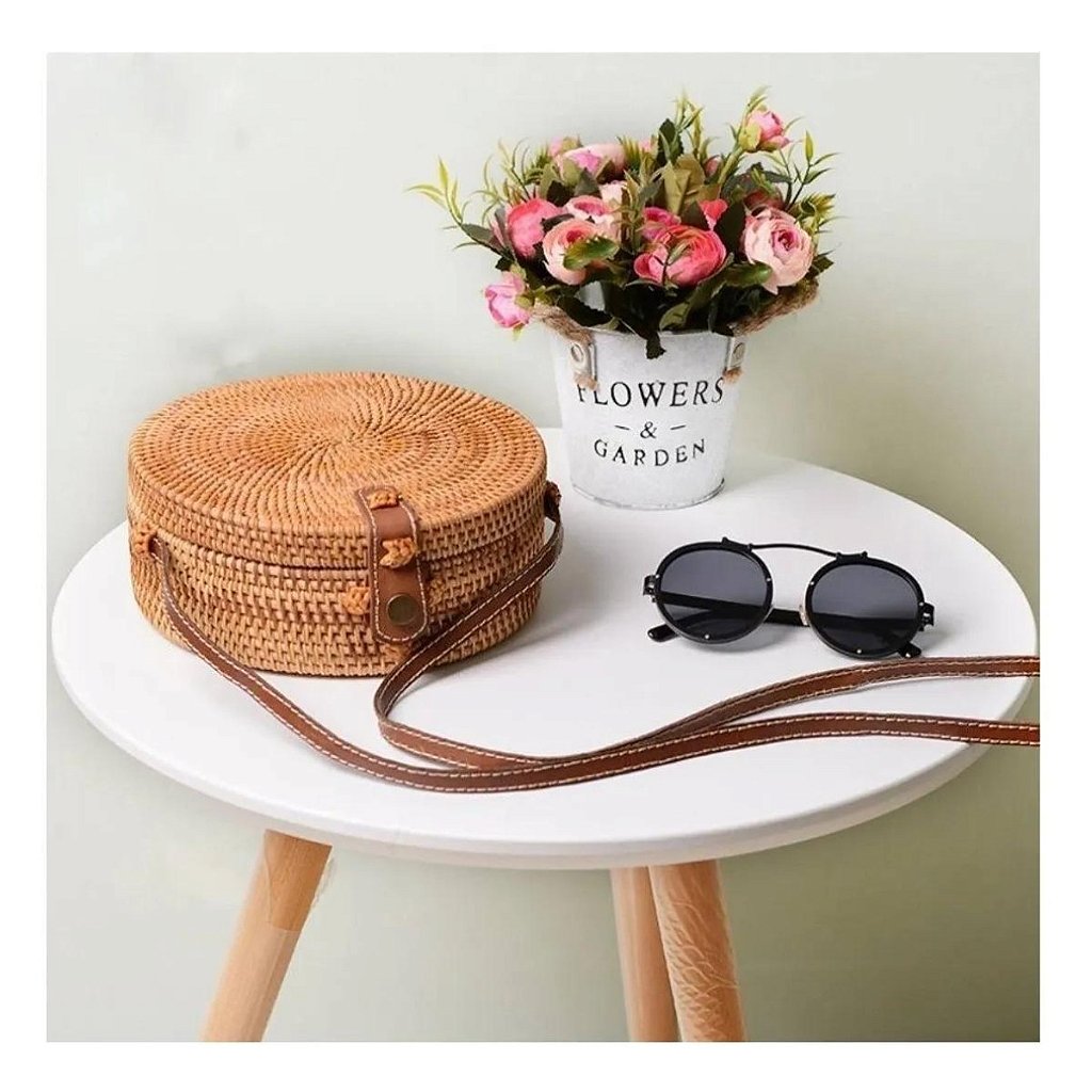 Bolsa De Bambu Redonda Feminina Com Alça Fixa Forrada Verão
