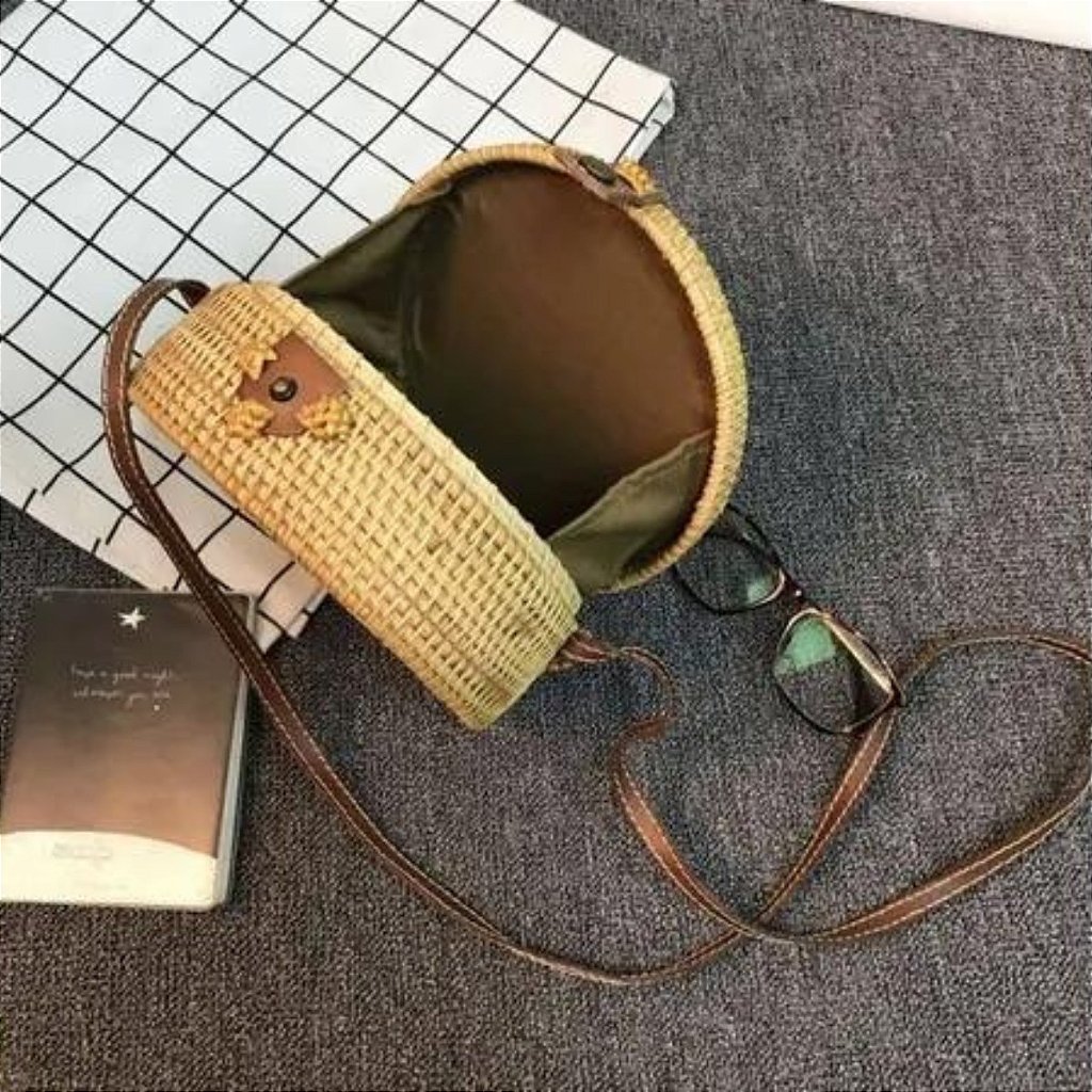 Bolsa De Bambu Redonda Feminina Com Alça Fixa Forrada Verão