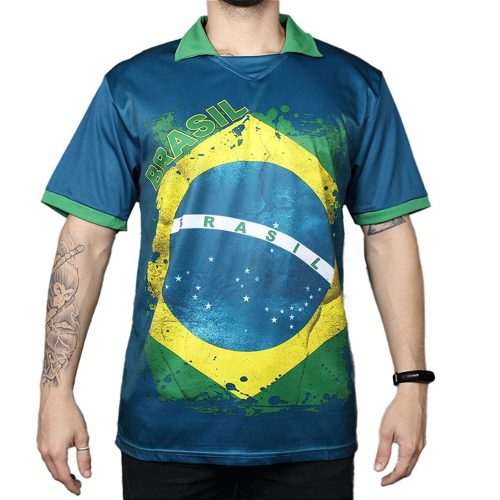 Camisa Polo Azul Bandeira Brasil Copa do Mundo Futebol