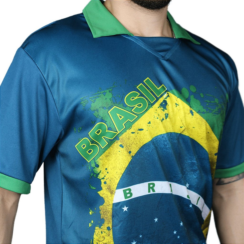 Camisa Polo Azul Bandeira Brasil Copa do Mundo Futebol