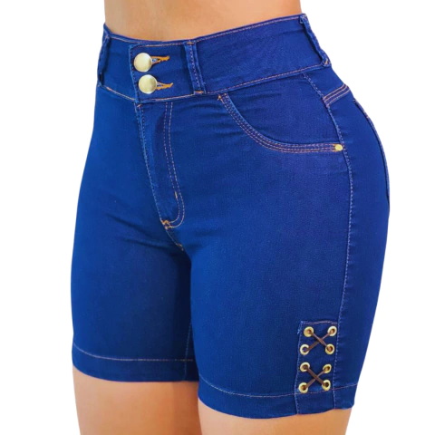 Short Feminino Jeans Meia Coxa Com Ilhos