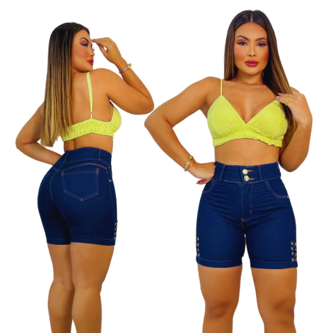 Short Feminino Jeans Meia Coxa Com Ilhos