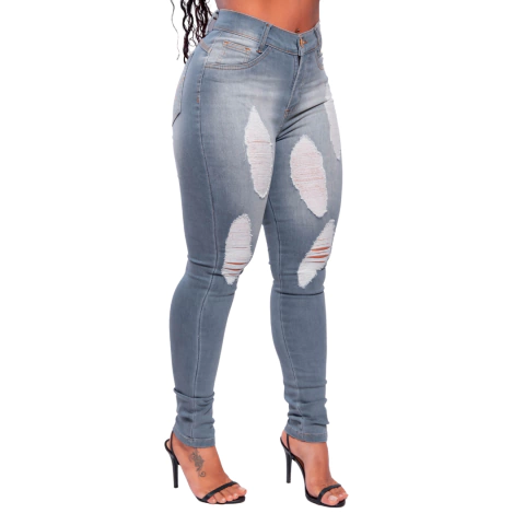 Kit 2 Calcas Feminina Jeans Cinza Rasgada Opcoes Estilosas