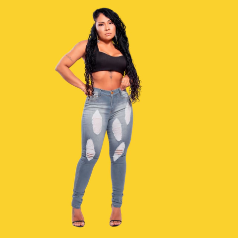 Calca Feminina Jeans Cinza Rasgada Efeito Rasgado Trendy