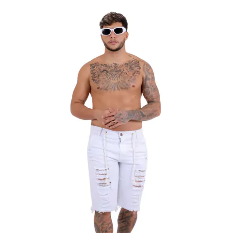 Bermuda Jeans Masculina Destroyed Branca