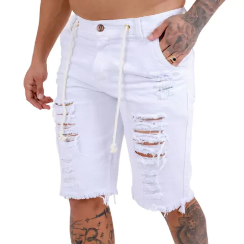 Bermuda Jeans Masculina Destroyed Branca