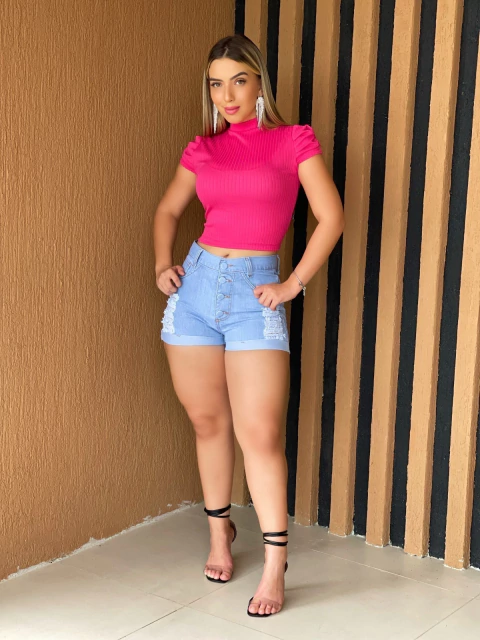 Blusa Feminina Curta Canelada Princesa Cor Rosa Pink Style