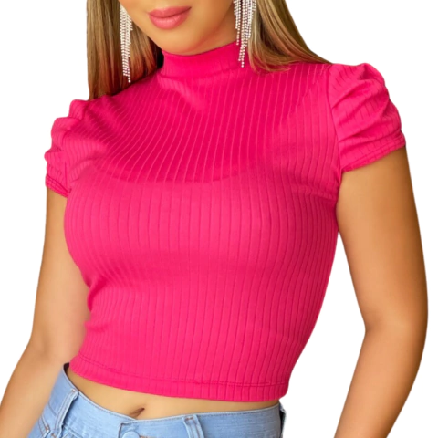 Blusa Feminina Curta Canelada Princesa Cor Rosa Pink Style