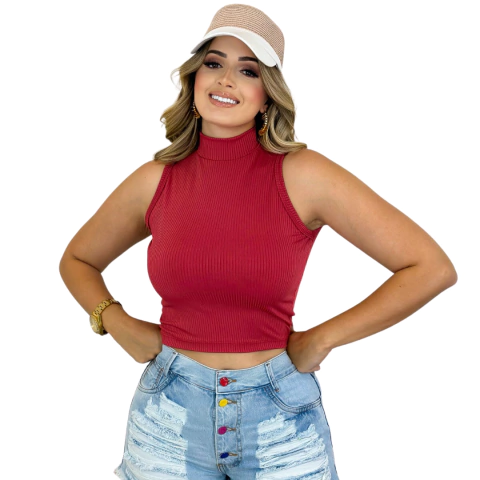Blusinha Com Gola Alta Sem Mangas Vermelha Red Fashion