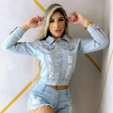 Jaqueta Feminina Jeans Destroyed Elegancia Descontruida