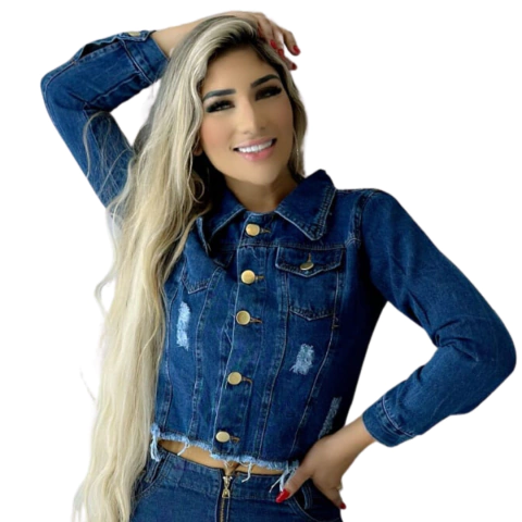 Jaqueta Jeans Feminina Escura Destroyed Estilo Destruido