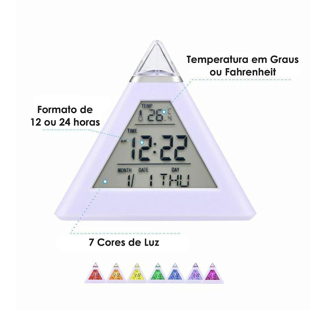 Relógio Digital Pirâmide De Mesa Calendário Despertador Termômetro Cabeceira