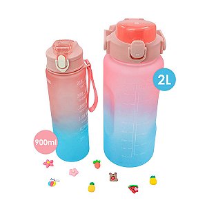 Kit 2 Garrafas Galão de Água 2L e 900ml Degrade Figurinhas Adesivos 3D