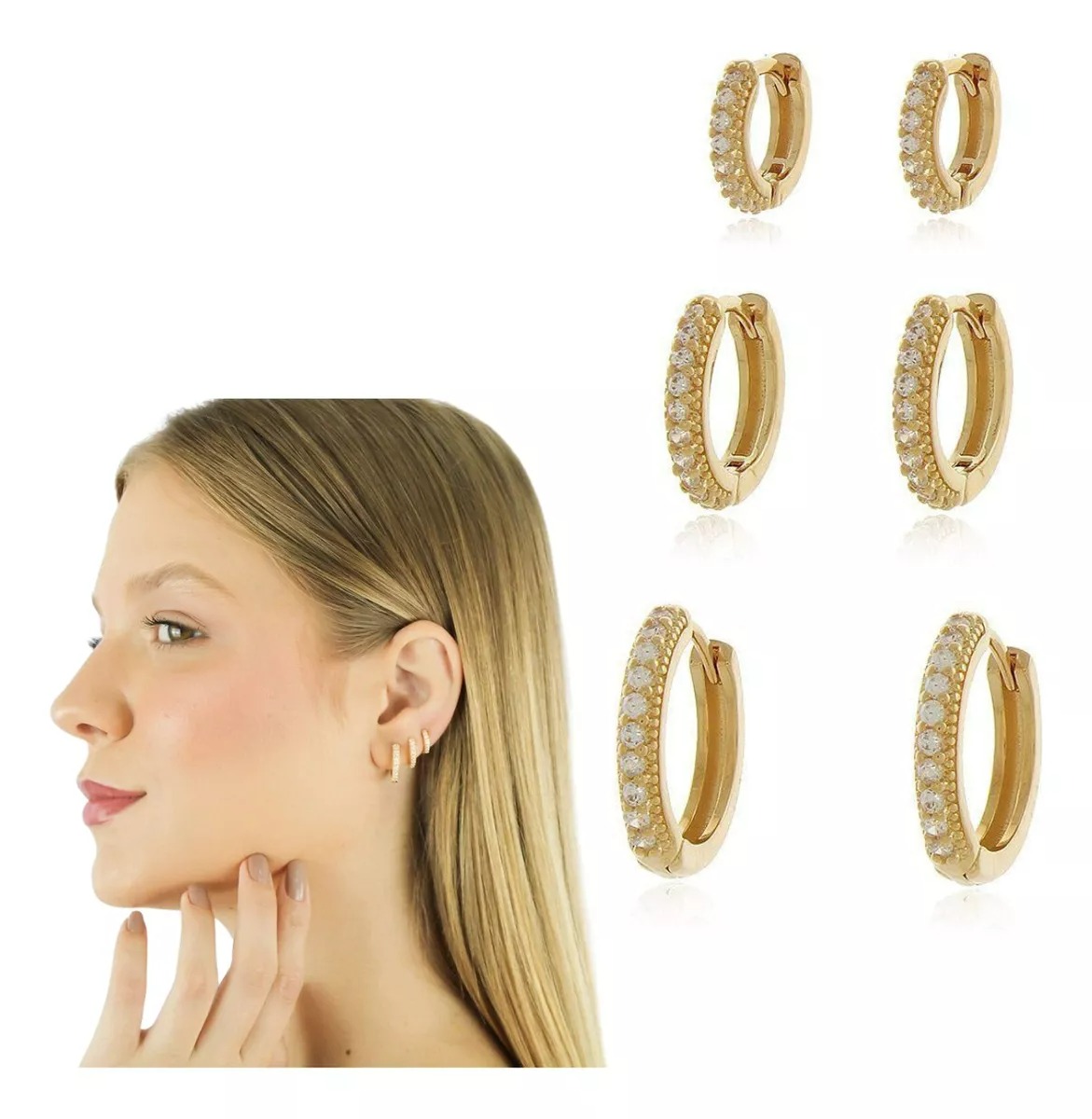 Trio de Brincos Argolinhas Grossas Banhado em Ouro 18k