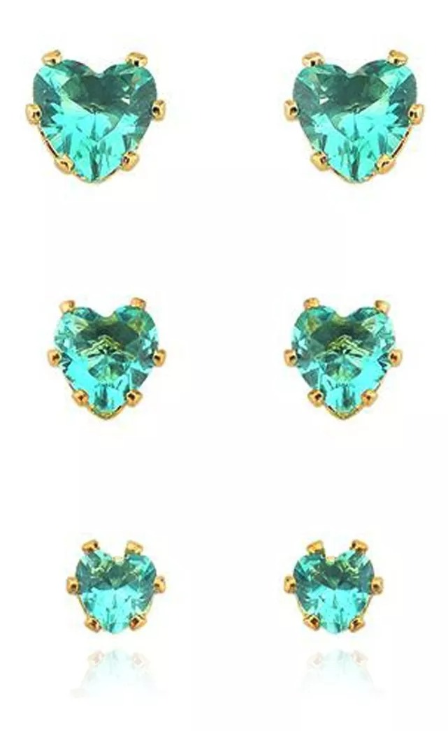 Trio Coração de Zircônia Verde Água Banhado em Ouro 18k