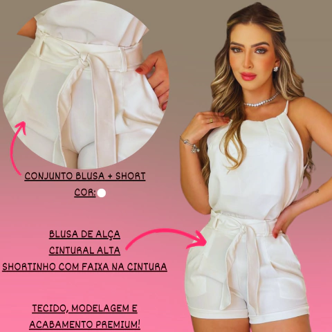 Conjunto Alfaiataria Feminino Short Blusa Com Faixa Branco