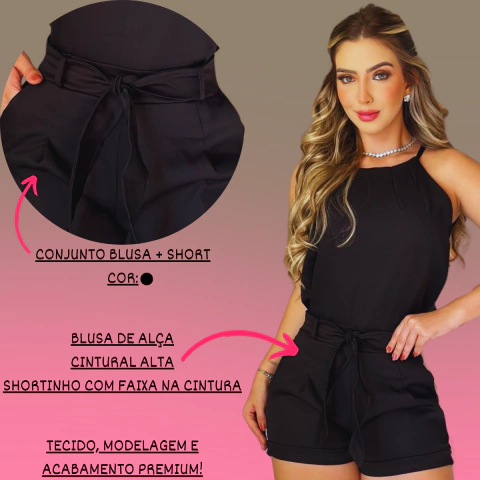 Conjunto Alfaiataria Feminino Short Blusa Com Faixa Preto