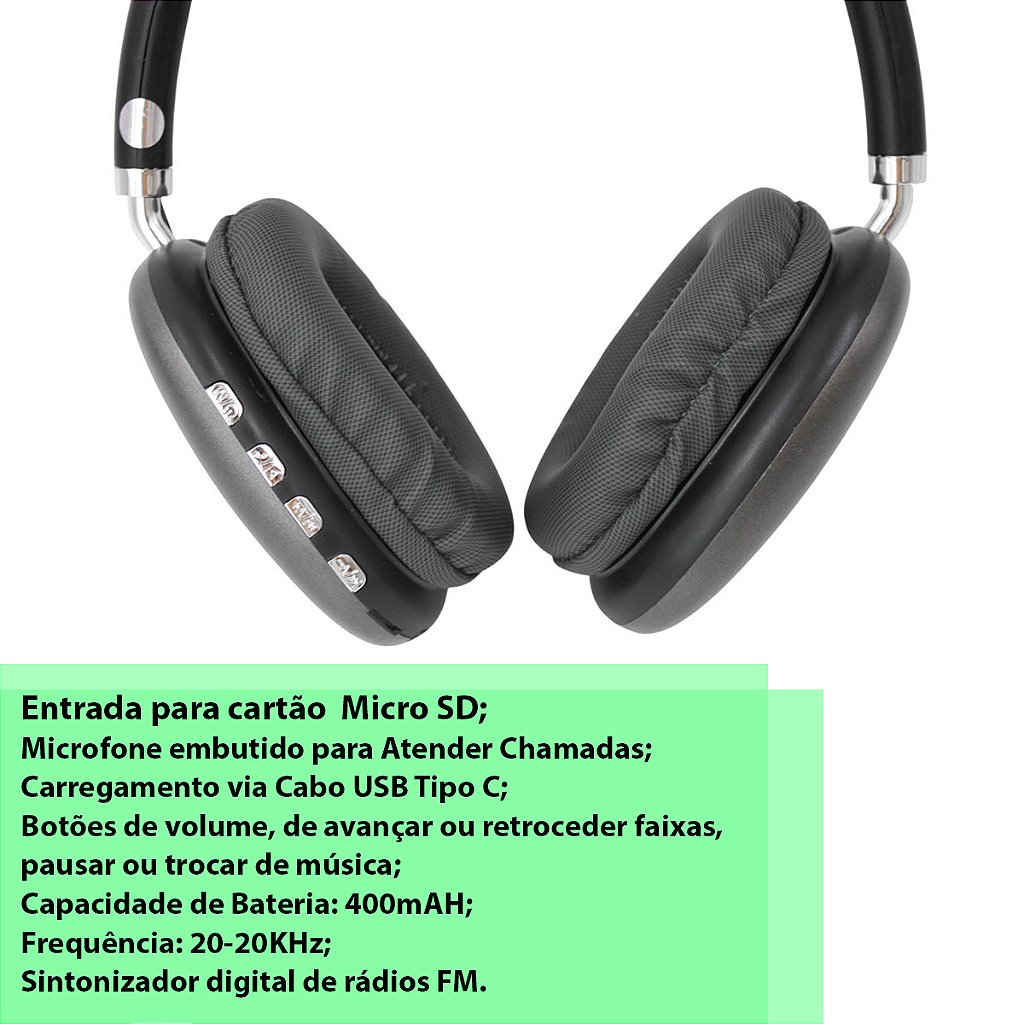 Fone De Ouvido Sem Fio Bluetooth Microfone Cartão SD Rádio