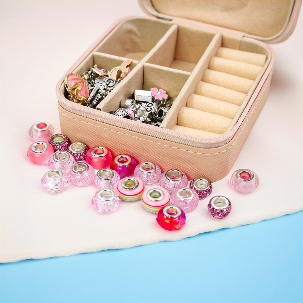Kit Porta Joias Portátil Viagem Estojo Rosa Com Missangas Para Montar Pulseira Colar