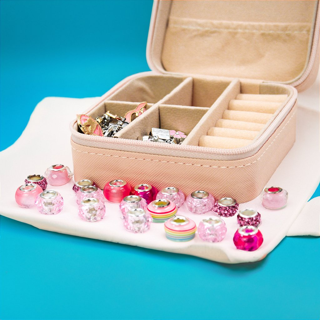 Kit Porta Joias Portátil Viagem Estojo Rosa Com Missangas Para Montar Pulseira Colar