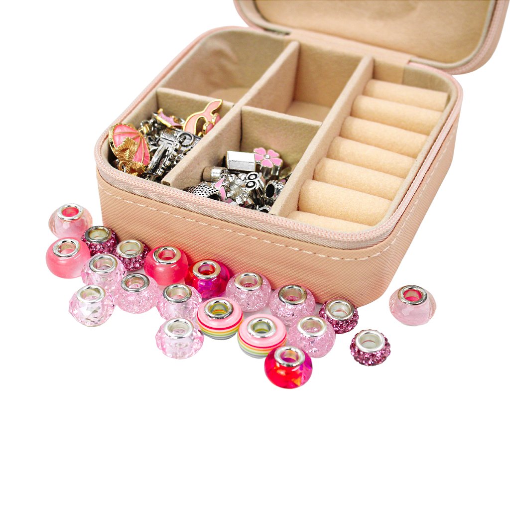 Kit Porta Joias Portátil Viagem Estojo Rosa Com Missangas Para Montar Pulseira Colar