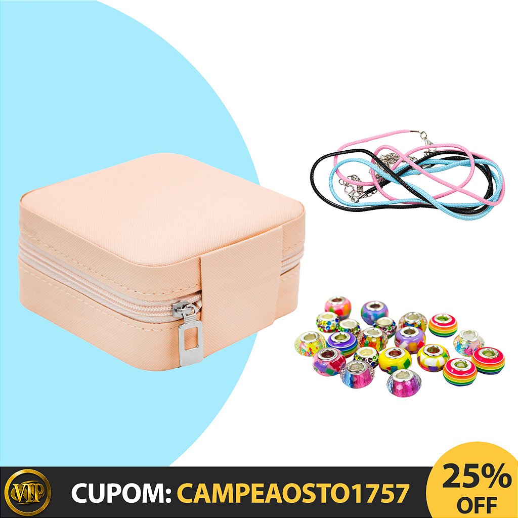 Kit Porta Joias Portátil Viagem Estojo Rosa Com Missangas Para Montar Pulseira Colar