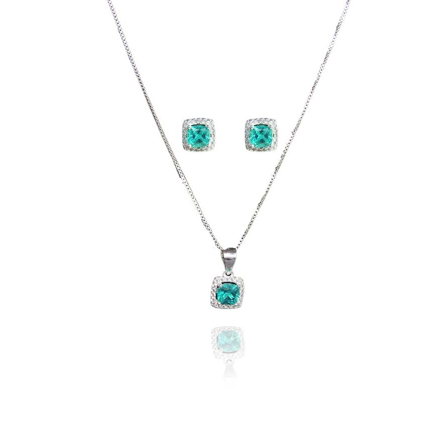 Conjunto Quadrado com Zircônia Azul Tiffany  em Prata 925