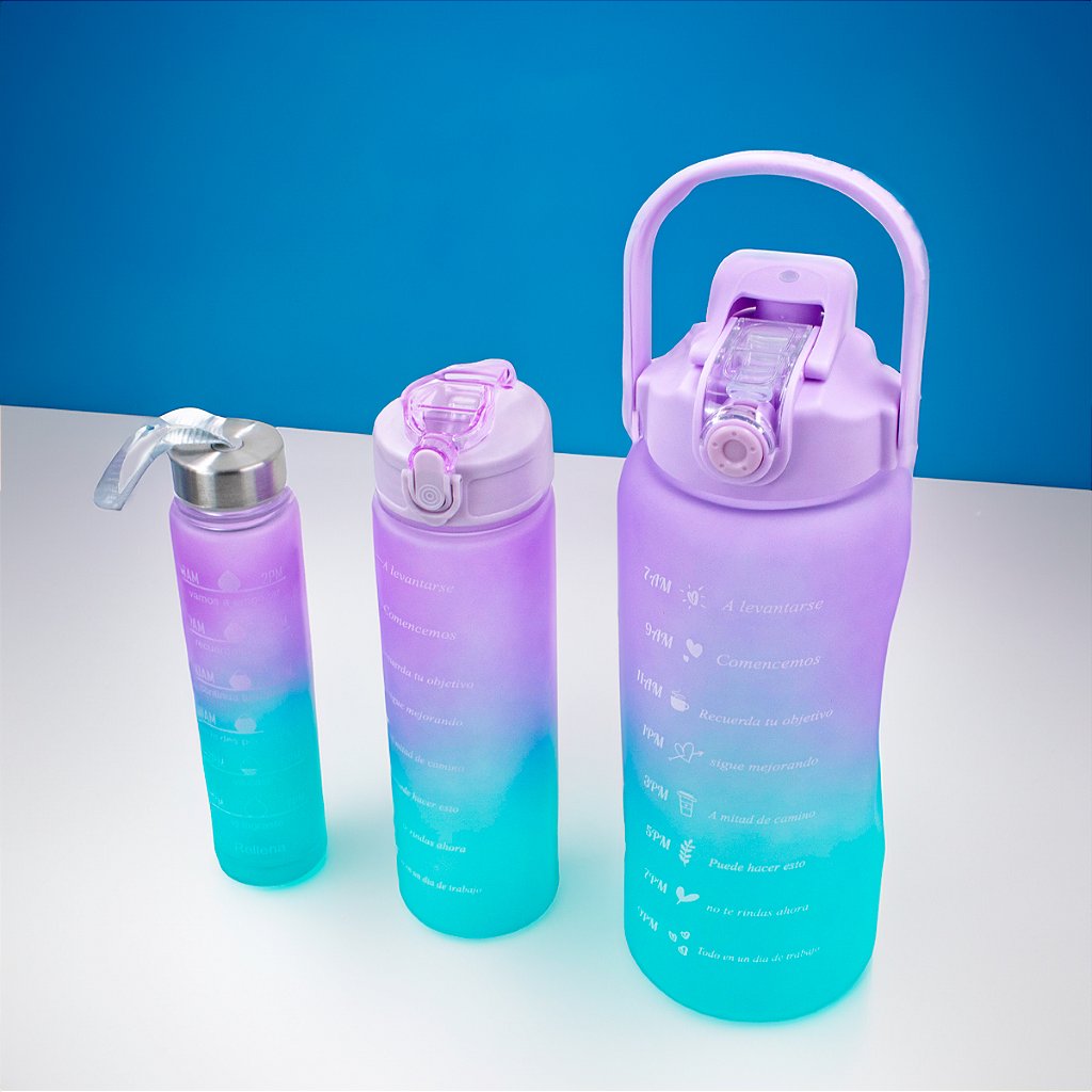 Kit 3 Garrafas Squeeze Água Galão 2L 900ml 300ml Degrade Adesivos 3D