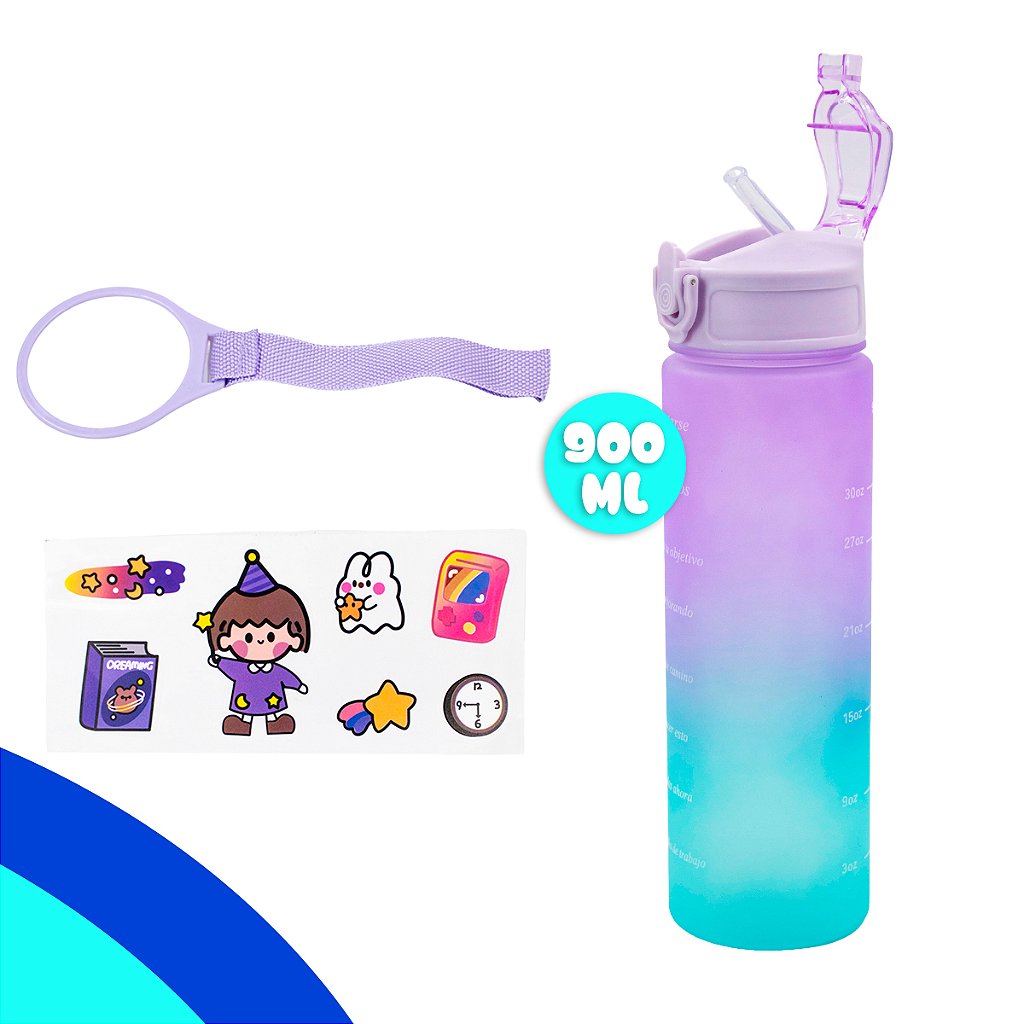 Kit 3 Garrafas Squeeze Água Galão 2L 900ml 300ml Degrade Adesivos 3D