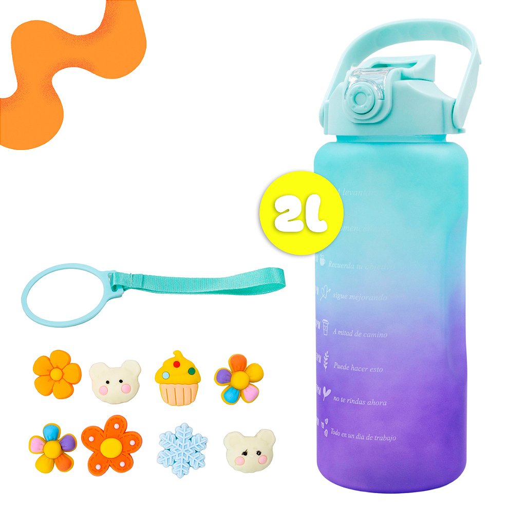 Kit 3 Garrafas Squeeze Água Galão 2L 900ml 300ml Degrade Adesivos 3D