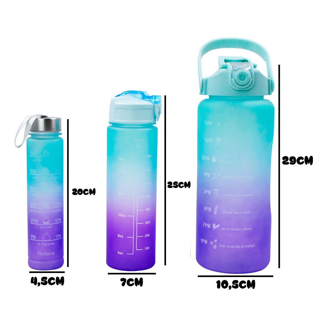 Kit 3 Garrafas Squeeze Água Galão 2L 900ml 300ml Degrade Adesivos 3D