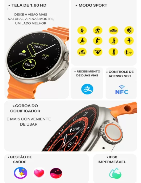 Smartwatch Ultra 9 Pro Redondo Multifunções Lançamento 2023