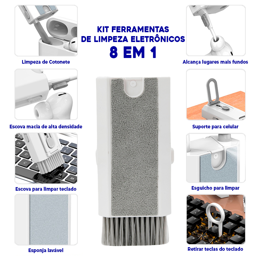 Kit Ferramentas De Limpeza Eletrônicos 8 Em 1 Teclado Headset Fones Notebooks Celulares